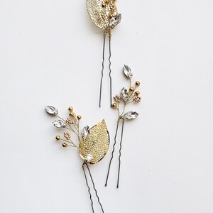 Gold Leaf Bridal Hair Pins: Crystal Wedding Hairpiece (Set of 3)