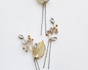 Gold Leaf Bridal Hair Pins: Crystal Wedding Hairpiece (Set of 3)