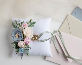 Rustic Blush Flower Ring Pillow, Boho Wedding Decor