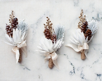 Rustic Winter Wedding Boutonniere: White Cone, Twine & Plastic Greens