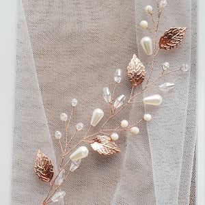 Rose Gold Leaf Bridal Hair Vine: Blush Crystal Wedding Hairpiece