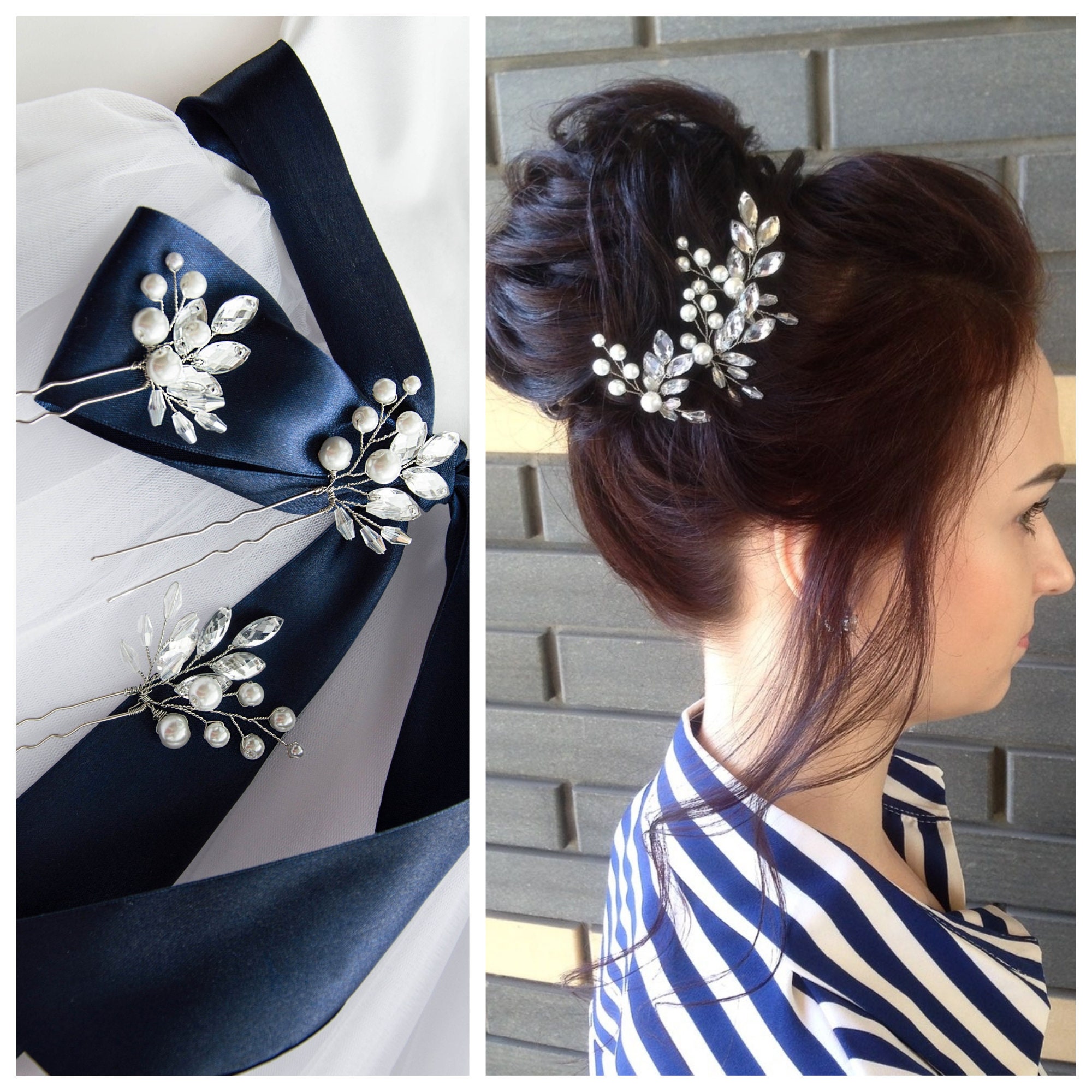 Set of Three Crystal Hair Pin Pearl Hair Pin Bridal Hair Pin Etsy UK