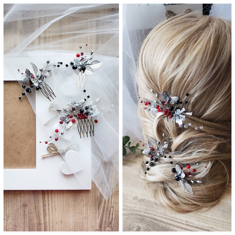 Black hair accessories Black Hair Comb Red crystal hairpiece Etsy