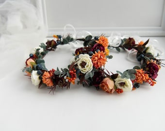 Burnt Orange Flower Crown: Rustic Fall Wedding Hair Wreath