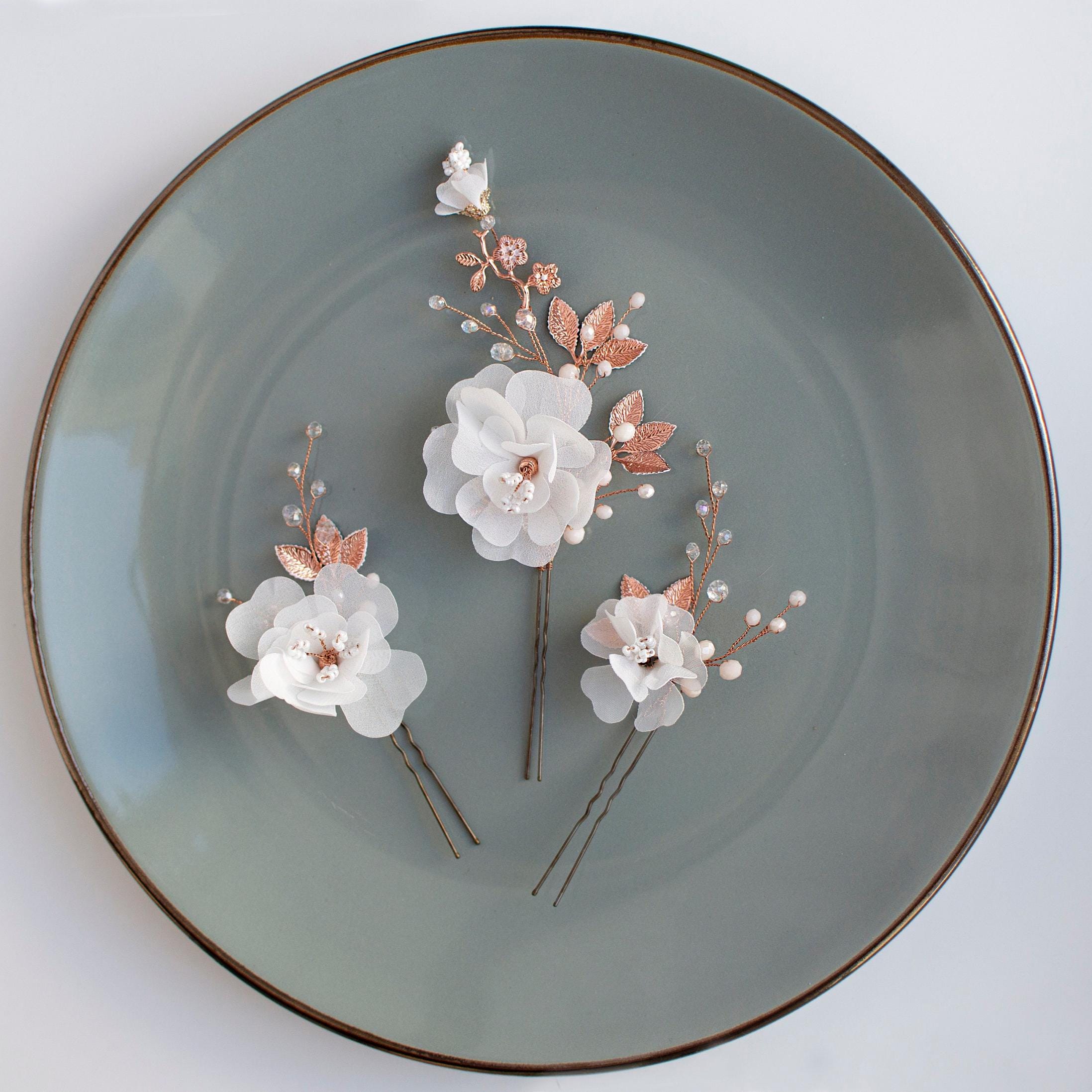 White Flower Bridal Hairpins: Rose Gold Wedding Hair Piece