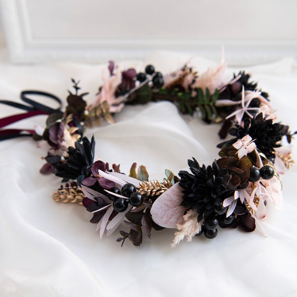 Black flower crown Halloween wedding crown Halloween hair wreath Halloween hairpiece Halloween flower crown Gothic hair crown Gothic bridal