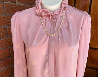 Vintage 1980s Pink Victorian Ruffle Collar Blouse Retro  (Size 12-14)