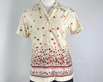 70s Cream Leaf Print Blouse – Vintage Wolco Button-Up Top, Size 16