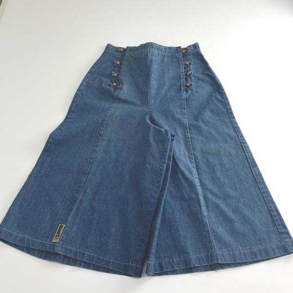 Vintage 1970s Denim Sailor Culottes High Waist Button Front Wide Leg Split Skirt Shorts Australian Made