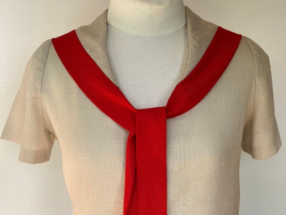 Vintage S/S Blouse 70s era Beige  with Red Trim /… - image 5
