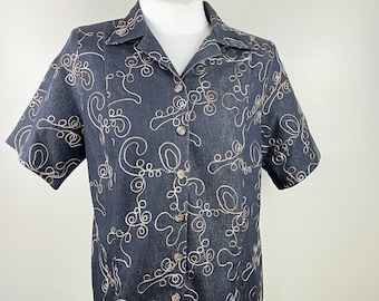 90s Embroidered Denim Shirt, Short Sleeve Button Up, Size 14