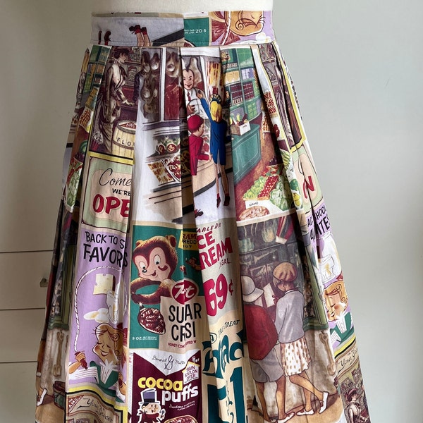 50s Retro Skirt Hand Made By Me Box Pleated Vintage Printed Fabric Side Zip  Pre Owned Cotton Drill Size 12-14 Unique Summer Rockabilly