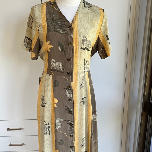 Vintage 1990s Dress Button Through Front Lightweight Crinkle Polyester Greens /Dark Yellows imprinted with Leopards High Waist Tie Back Long