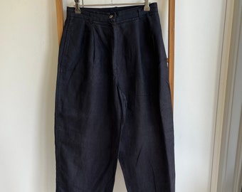 Vintage Country Road Pants 90s Dark Navy blue High waisted Ankle Length Baggy Style Double Pleat Front Zip Fly Side Pockets Linen Size 8-10