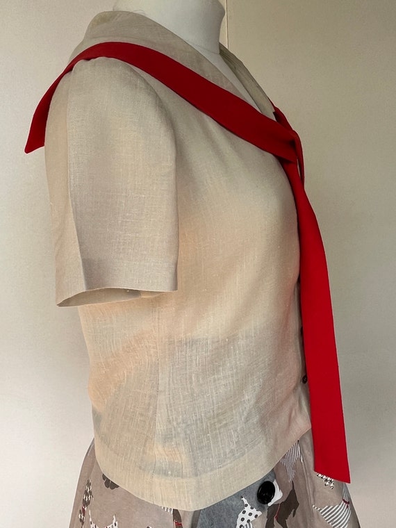 Vintage S/S Blouse 70s era Beige  with Red Trim /… - image 2