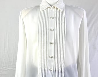 Vintage Patricia Howard Blouse Size 12 White Pintuck Front Long Sleeve Embroidered Collar Pearl Buttons Limited Edition