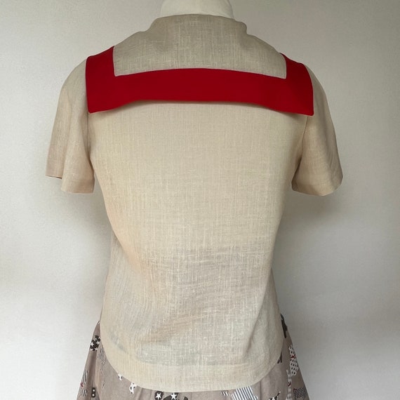 Vintage S/S Blouse 70s era Beige  with Red Trim /… - image 4