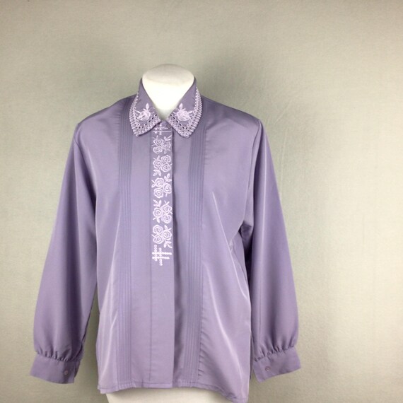 Vintage 80s Lavender Long Sleeve  Embroidered Blouse, Button up Size 12