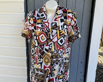 Vintage 90s Abstract Print Blouse, Relaxed Fit Button-Up, Made in Australia Size 14