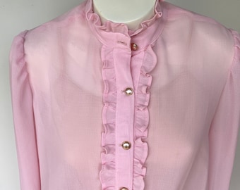 90s Vintage Victorian Style Pink Blouse: Ruffle Collar, Pearl Buttons