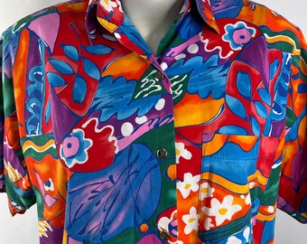 Vintage 90s Geiger Australia Bright Abstract Tropical Shirt Womens 14 Colourful Short Sleeve Button Up Cotton Relaxed Rave Shirt
