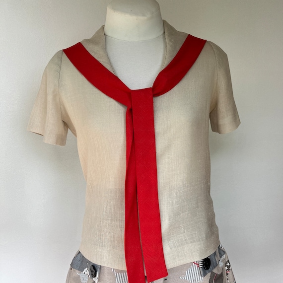 Vintage S/S Blouse 70s era Beige  with Red Trim /… - image 1
