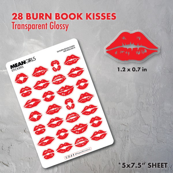 BURN BOOK Mean Girls KISSES Stickers | Red, Light Pink, Hot Pink, Lipstick Pink | Transparent Glossy or Matte Paper