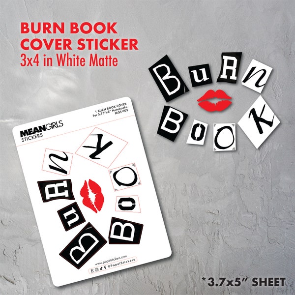 Mean Girls BURN BOOK COVER Stickers | White Matte Sticker Paper | For 5.5" x 8” inch Notebooks