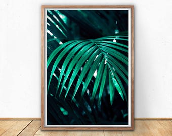 Tropical Leaves Print - Green Palm Leaf Printable Art, Digital Download, Tropical decor, Beach wall decor, botanical printable, greenery art