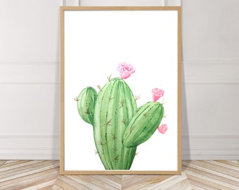 Watercolor Cactus Wall Art - Watercolor Cactus Printable Art, Cactus Art Print, Botanical Wall decor, Boho Cactus Print, Cactus Flower Decor