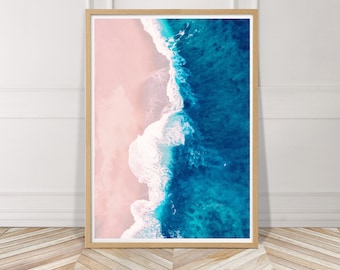 Aerial Beach Print, Pink Ocean Print, Modern Beach Print, Digital Download, Pink Sea Wall Art, Pink and Blue Print, Pink Beach Printable Art