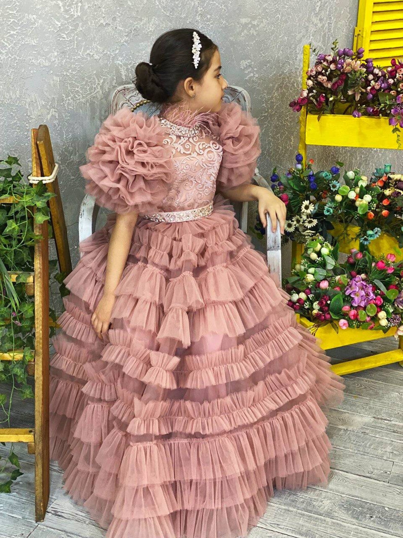 Flower Girl Tulle Dress Girls Mauve Lace Dress Toddler Party Etsy