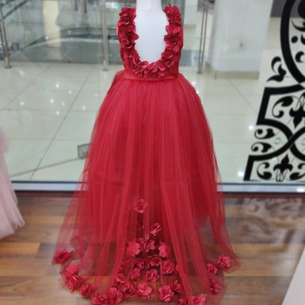 Red flower girl dress, toddler floor length party dress, girls long pageant dress, girls red gown, birthday dress, luxury train tulle dress