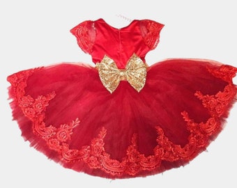 Girls red gold dress, girls lace tulle dress, baby luxury party dress, flower girl dress, first birthday dress, toddler sequin dress