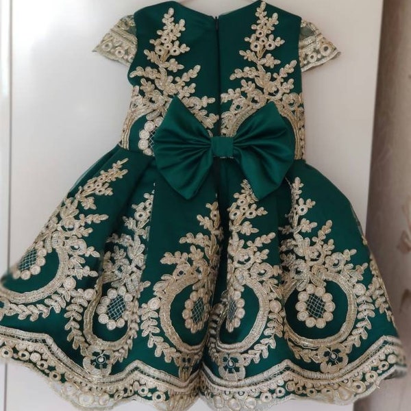 Girls emerald gold lace party dress, girls green luxury party dress, flower girl dress, 1st birthday dress, baby gold dress