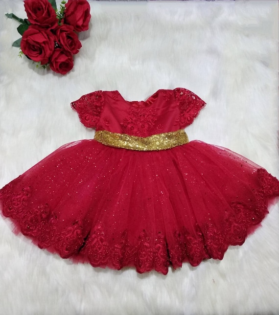 Girls red lace party dress, baby red lace gold bow party dress, toddler party dress, flower girl dress, birthday outfit, 1st birthday dress