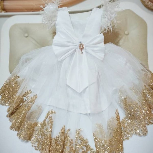 Girls luxury white gold party dress, girls lace tulle high low tulle dress, flower girl dress, 1st birthday dress, toddler high-low dress