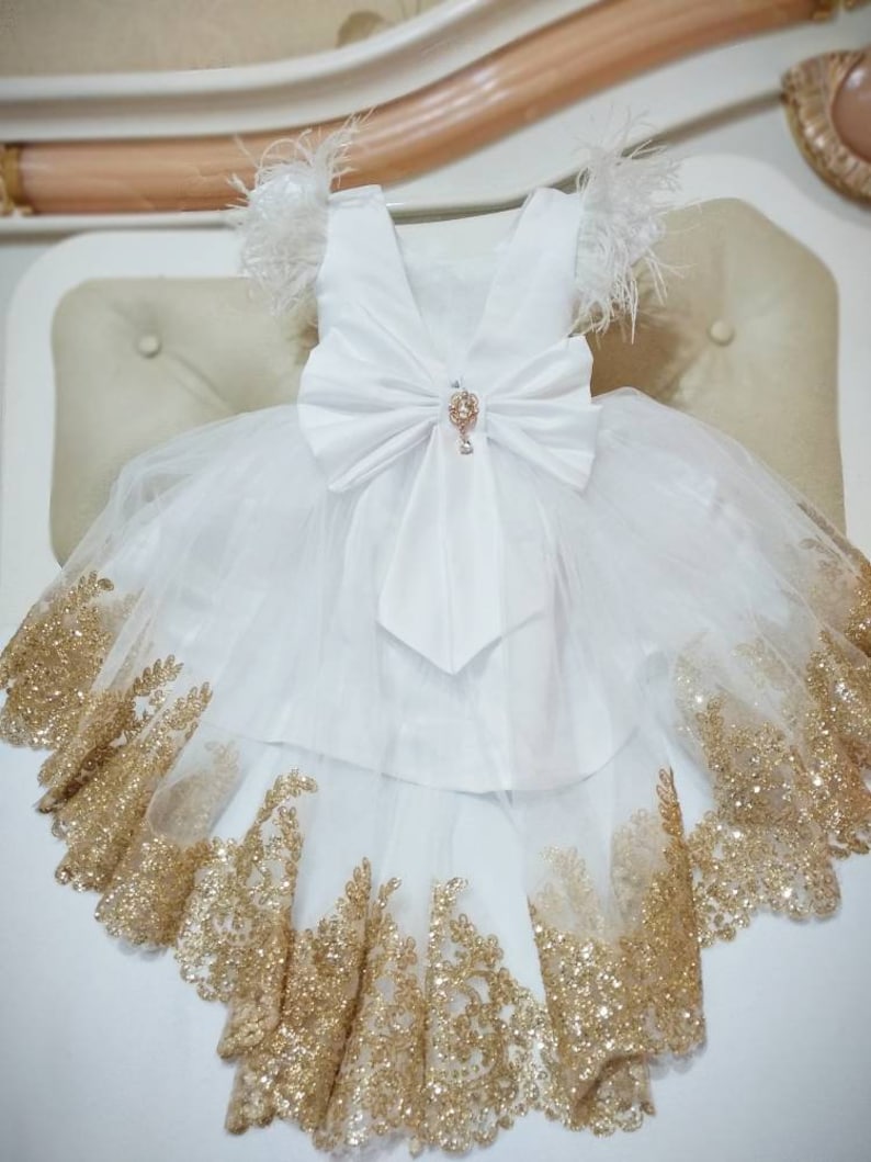 Girls luxury white gold party dress, girls lace tulle high low tulle dress, flower girl dress, 1st birthday dress, toddler high-low dress 