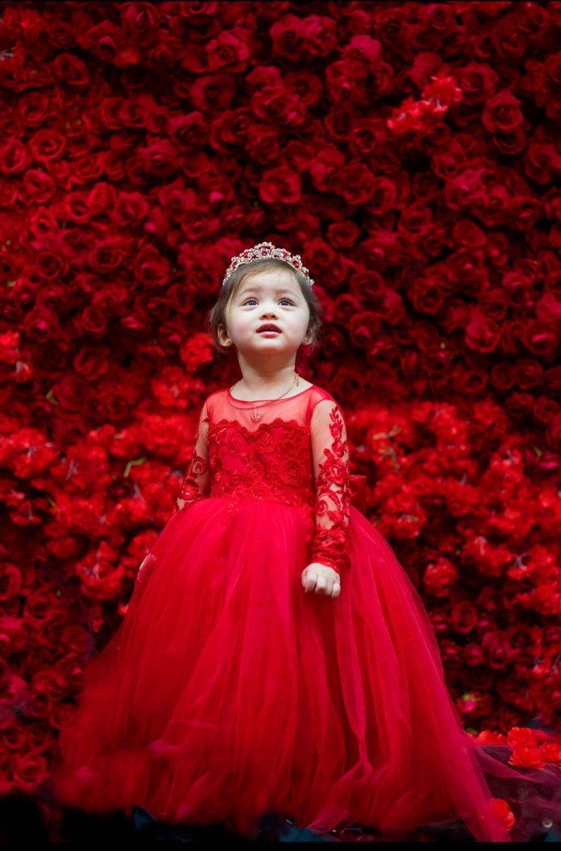 Flower girl tulle dress, girls red lace dress, toddler party dress, girls pageant dress, girls birthday dress, girl luxury train tulle dress image 2