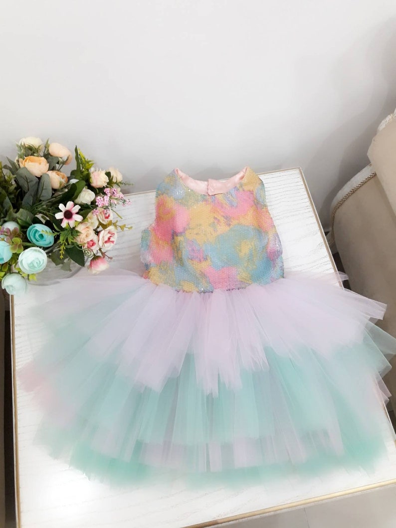 Mädchen Einhorn Party Kleid, Blumenmädchen Kleid, Kleinkind Geburtstag Kleid, Mädchen Pailletten kleid, Mädchen Regenbogen Party Kleid, Blumenmädchen ...