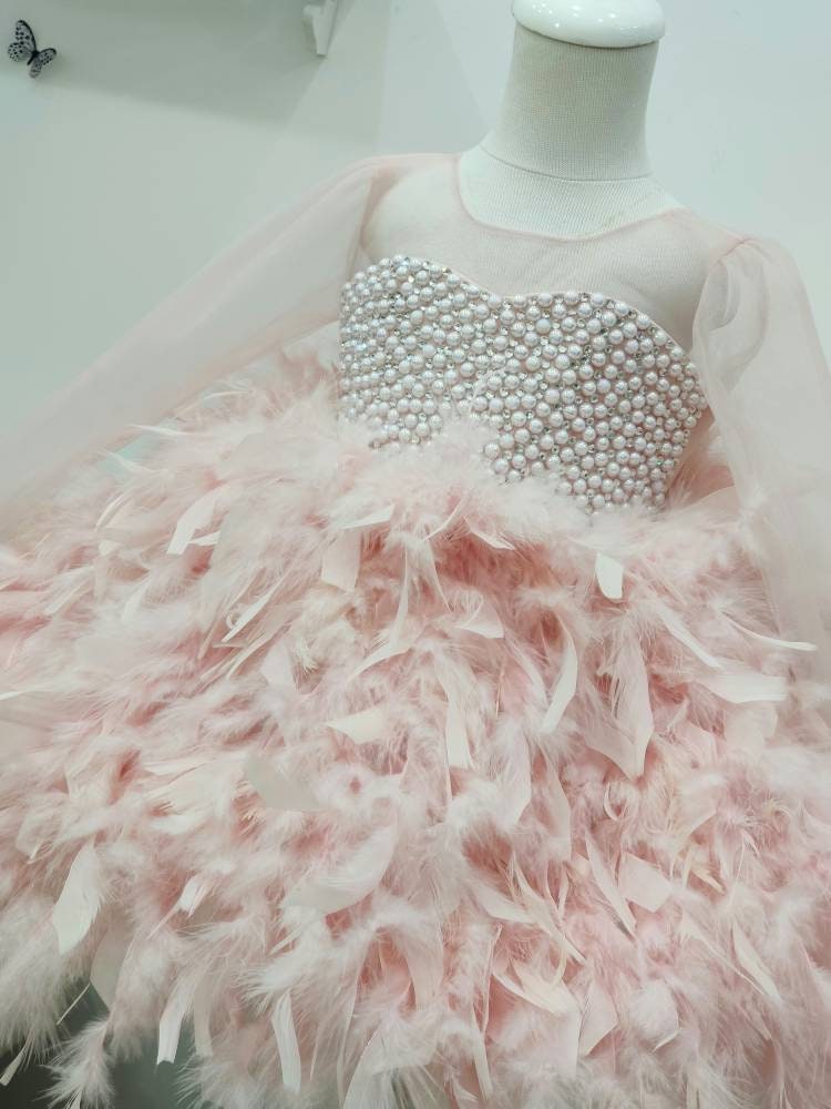 Girls feather dress girls pink party dress flower girl Etsy