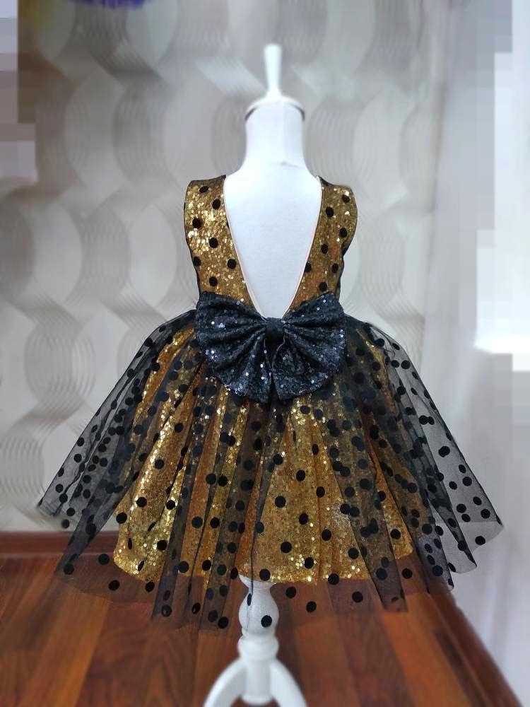 Girls polka dot sequin dress, toddler luxury party dress, flower girl dress, girls gold sequin dress, birthday dress, girls sparkle dress