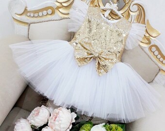 Toddler gold sequin dress, girls gold sequin white tulle dress, pageant dress, 1st birthday dress, baby party dress, flower girl dress
