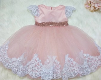 Blush lace flower girl dress, pageant dress, pink flower girl dress, girls rose gold dress, girls lace party dress, toddler birthday dress