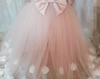 Flower girl dress, girls blush lace dress, toddler party dress, girls pageant dress, girls birthday dress, girl luxury train tulle dress