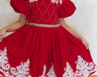 Girls red velvet dress, flower girl red dress, toddler puffy velvet dress, baby winter gown, princess velor dress, girls red party dress