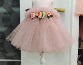 Girls blush party dress, rose gold flower girl dress, birthday dress, toddler party dress, girls light pink tulle dress with flowers