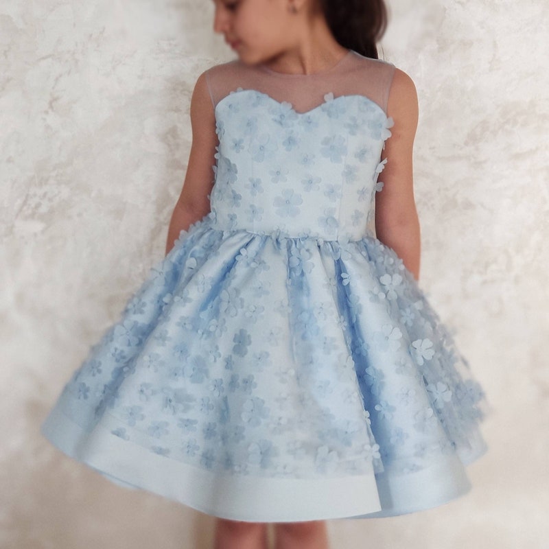 Baby Girl Mid-Season Dress In Terry Stuff Flowers Sky Blue Color main image 1