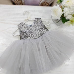 Girls gray sequin dress, girls charcoal party dress, 1st birthday dress, baby gray party dress, flower girl dress, girls silver dress