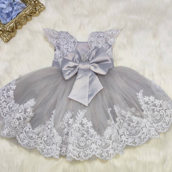 Girls charcoal party dress, girls lace tulle dress, girls gray luxury party dress, flower girl dress, baby girl party gown, birthday dress